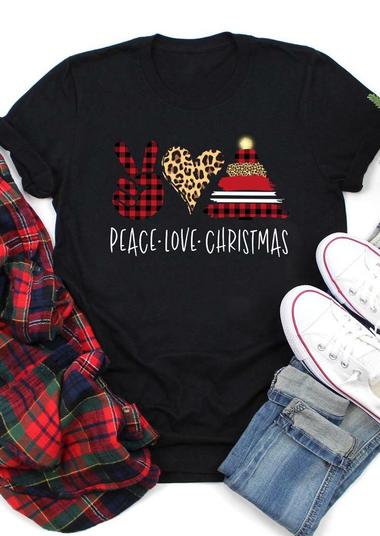 

Peace Love Christmas Leopard Buffalo Plaid T-Shirt Tee - Black, 489178