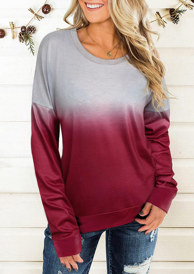 

Gradient Long Sleeve O-Neck Blouse - Burgundy, 489186