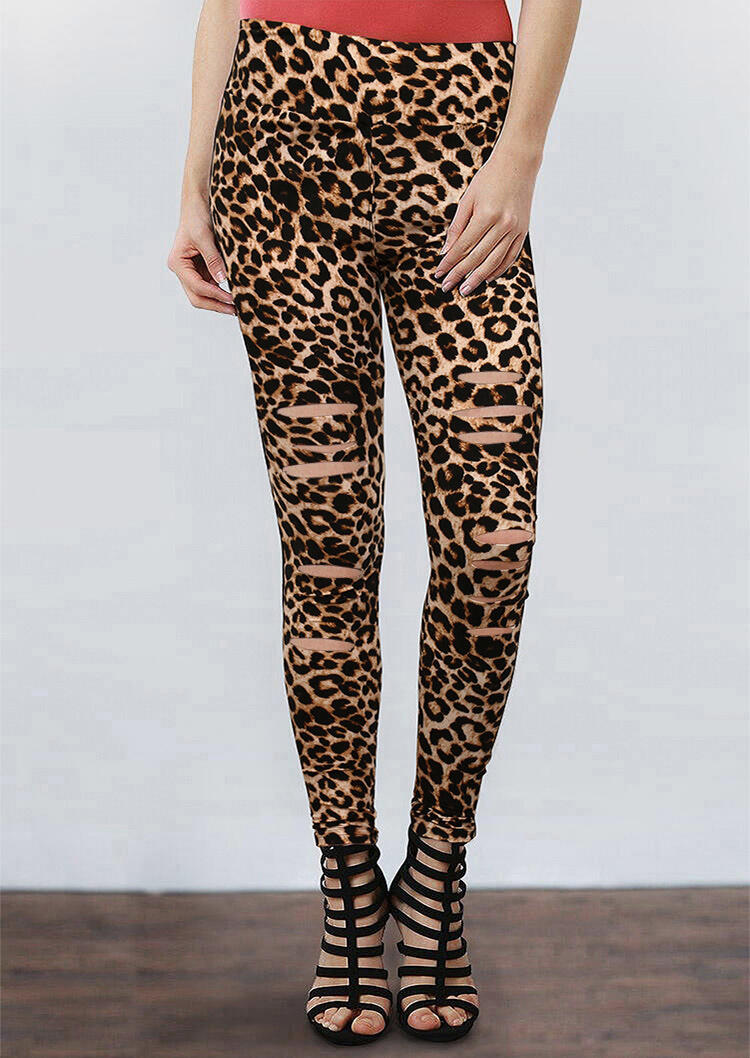 

Leopard Hollow Out Elastic High Waist Slim Pants, 489188