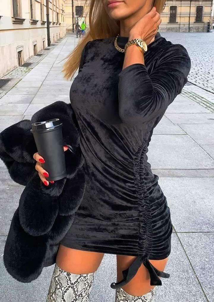 

Ruched Tie Drawstring Long Sleeve Velvet Bodycon Dress - Black, 489195