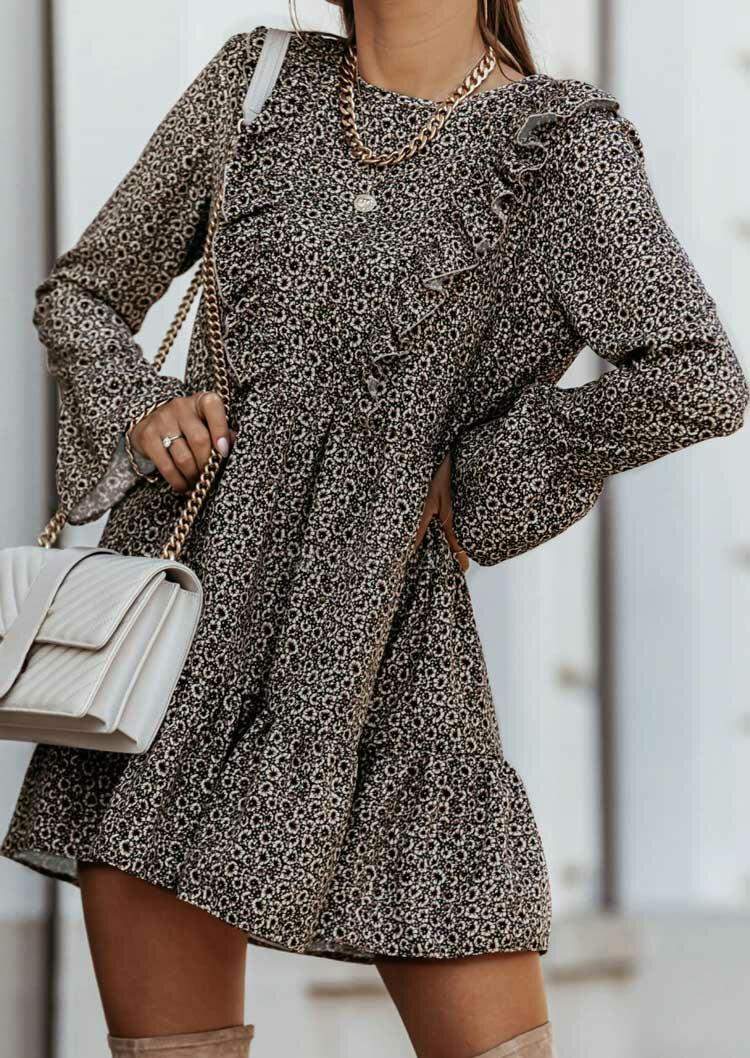 

Floral Ruffled Long Sleeve Mini Dress without Necklace, Multicolor, 489197