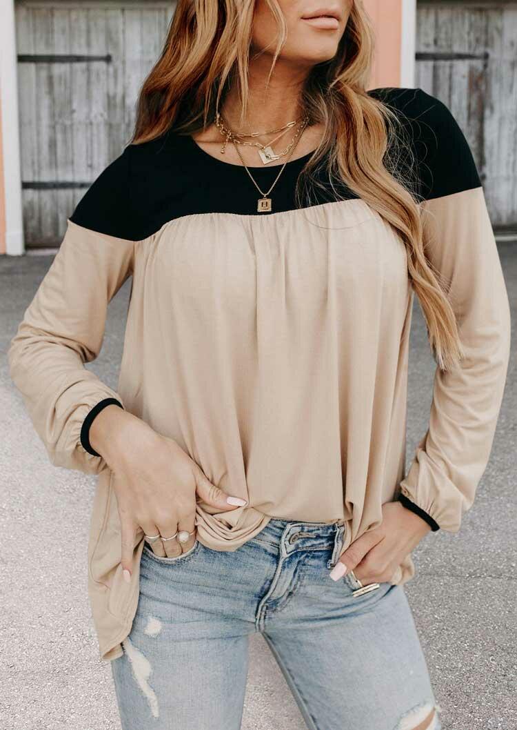 

Color Block Elastic Cuff Long Sleeve Blouse - Khaki, 489202