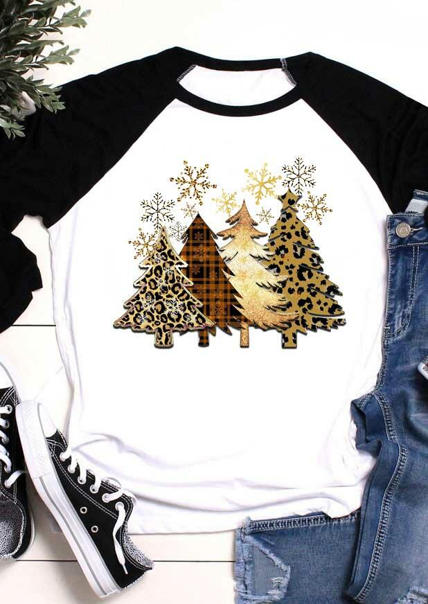 

Leopard Plaid Christmas Tree Snowflake T-Shirt Tee - Black, 489213