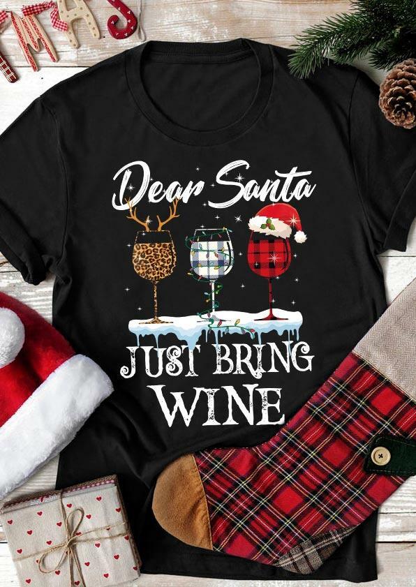 

Dear Santa Just Bring Wine Leopard Plaid T-Shirt Tee - Black, 489259