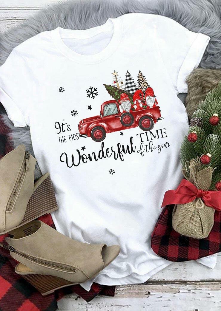 

Christmas Gnomies Truck Plaid Wonderful Time T-Shirt Tee - White, 489262