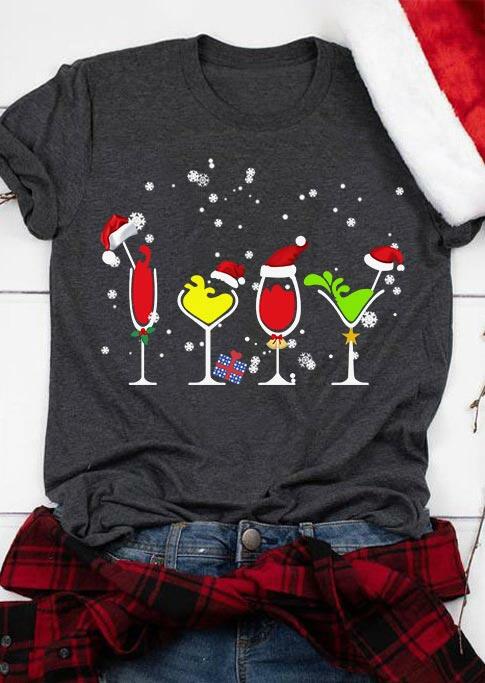 

Christmas Snowflake Wine Drink O-Neck T-Shirt Tee - Gray, 489267