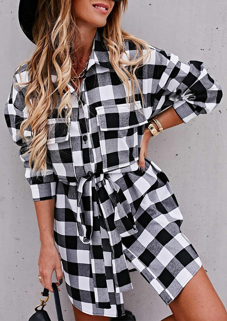 

Plaid Button Pocket Asymmetric Mini Dress, 489286