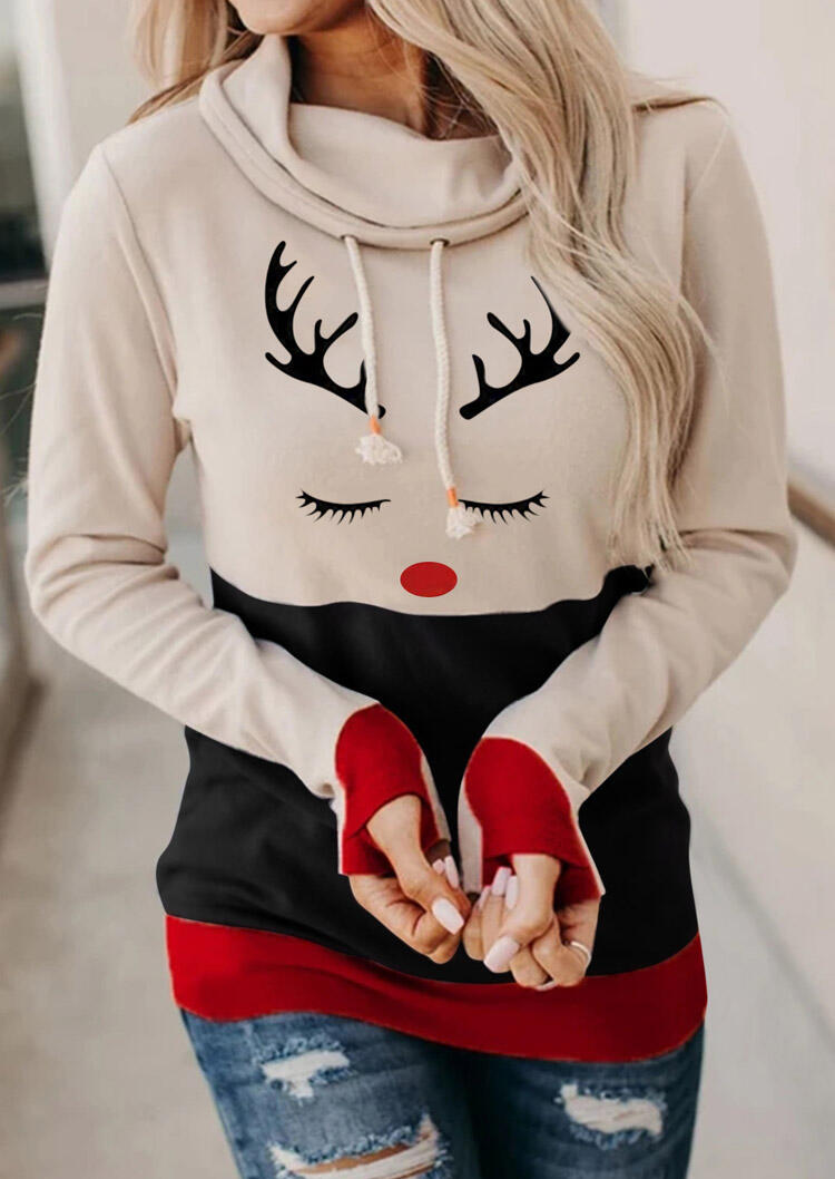 

Christmas Reindeer Drawstring Thumbhole Hoodie - Flesh, 489323
