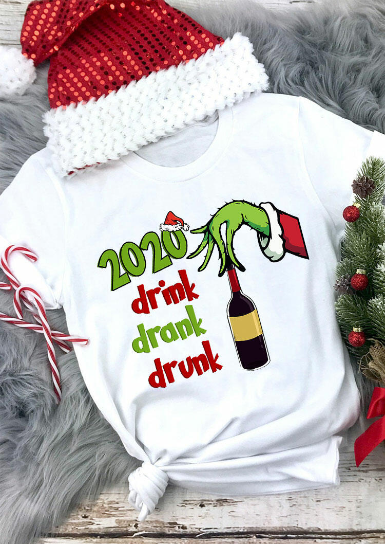

Christmas Hat 2020 Drink Drank Drunk Grinch Hand T-Shirt Tee - White, 489326