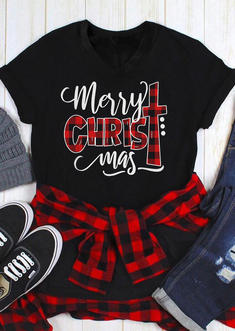 

Plaid Christ Merry Christmas V-Neck T-Shirt Tee - Black, 489372