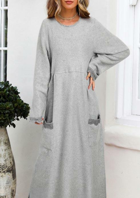 

Lace Splicing Pocket Long Sleeve Loose Maxi Dress - Gray, 489012