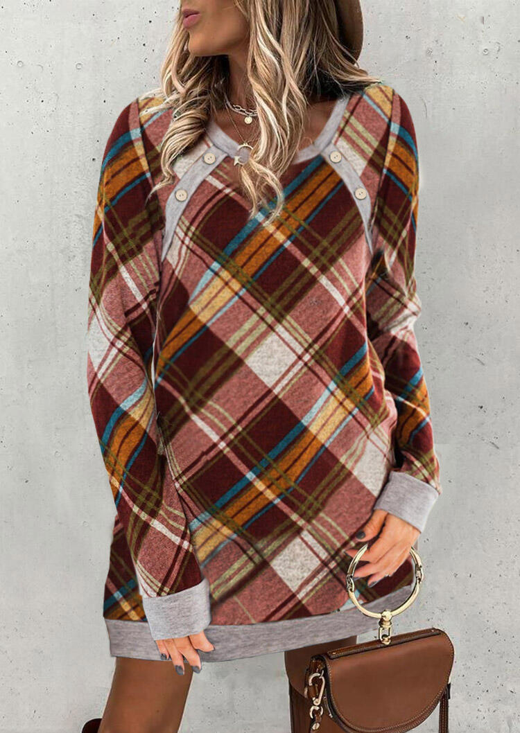 

Plaid Splicing Button Long Sleeve Mini Dress, 489043