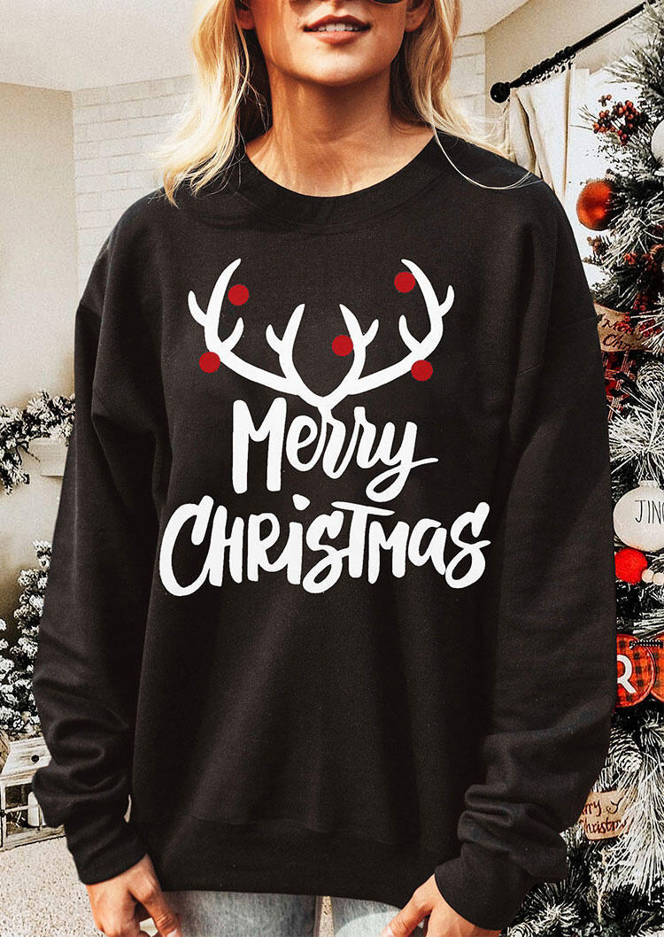 

Merry Christmas Reindeer Long Sleeve Pullover Sweatshirt - Black, 489284