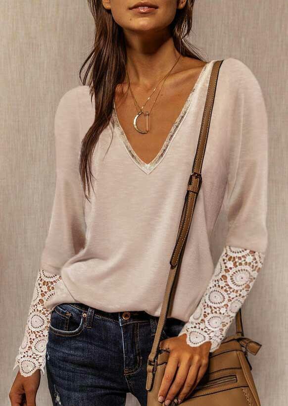 

Lace Splicing V-Neck Long Sleeve Casual Blouse - Flesh, 489312