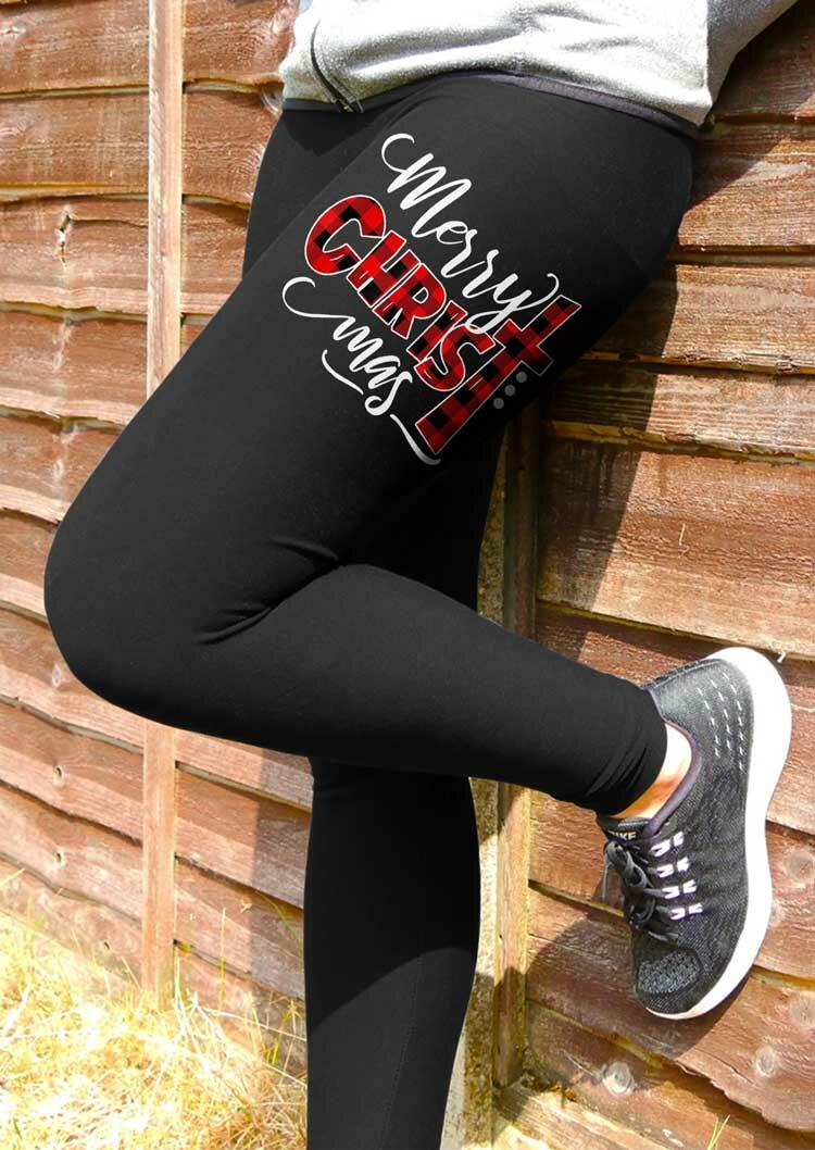 

Plaid Christ Merry Christmas Elastic Waist Leggings - Black, 489320