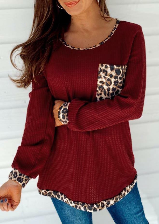 

Leopard Splicing Pocket Waffle Blouse - Burgundy, 489371