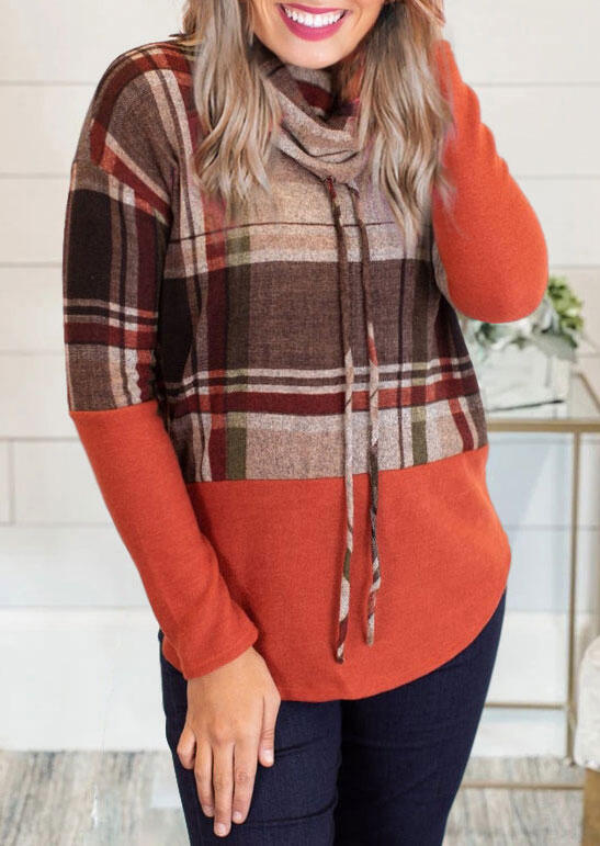 

Plaid Color Block Drawstring Cowl Neck Blouse, 489389