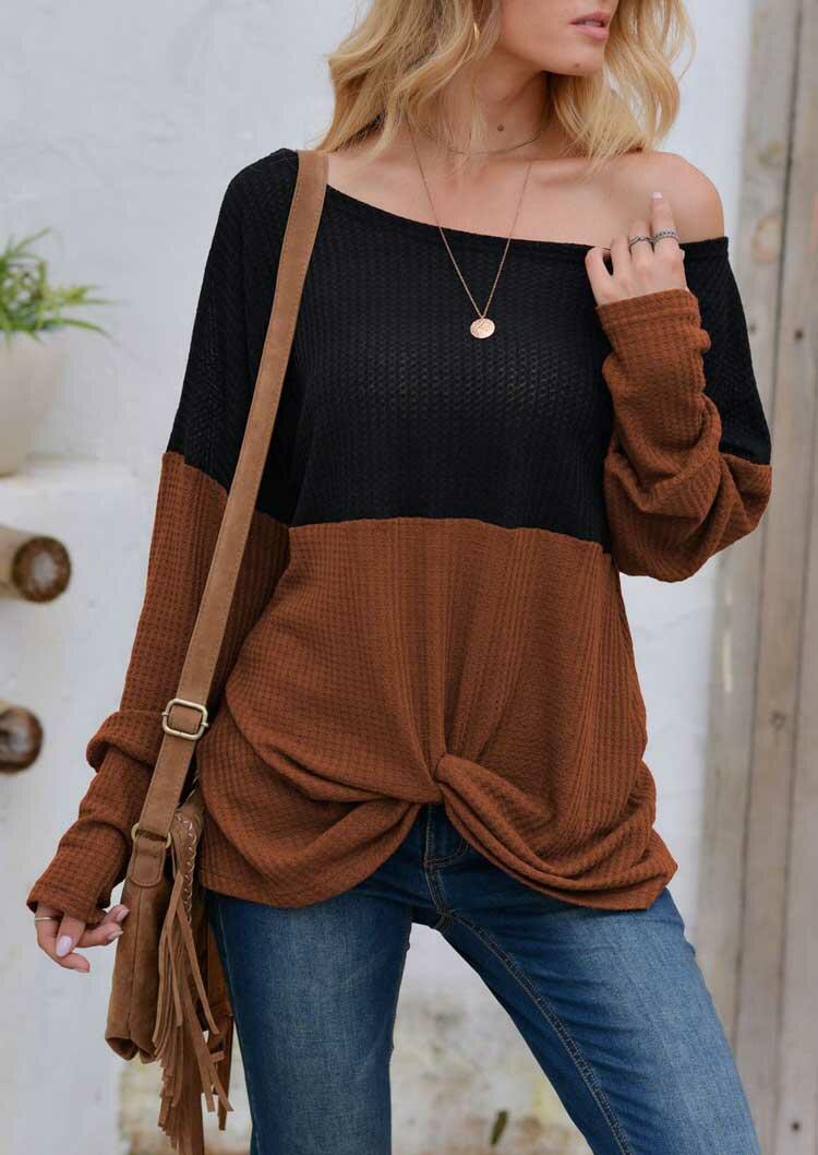 

Color Block Splicing Twist Waffle Blouse - Brown, 489393