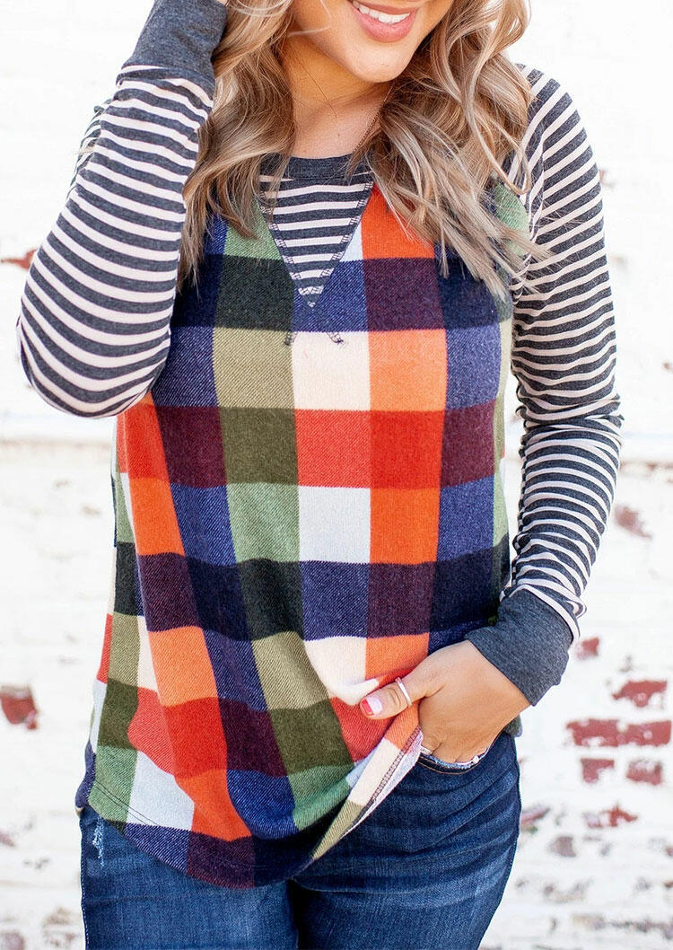 

Colorful Plaid Striped Splicing O-Neck Casual Blouse, Multicolor, 489407