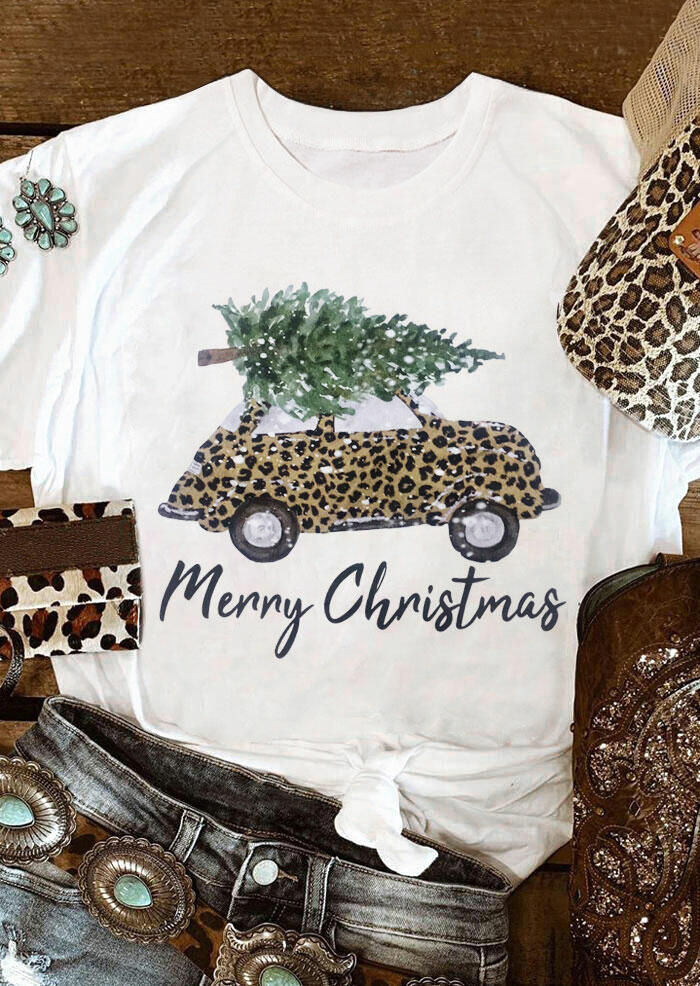 

Merry Christmas Leopard Car O-Neck T-Shirt Tee - White, 489408