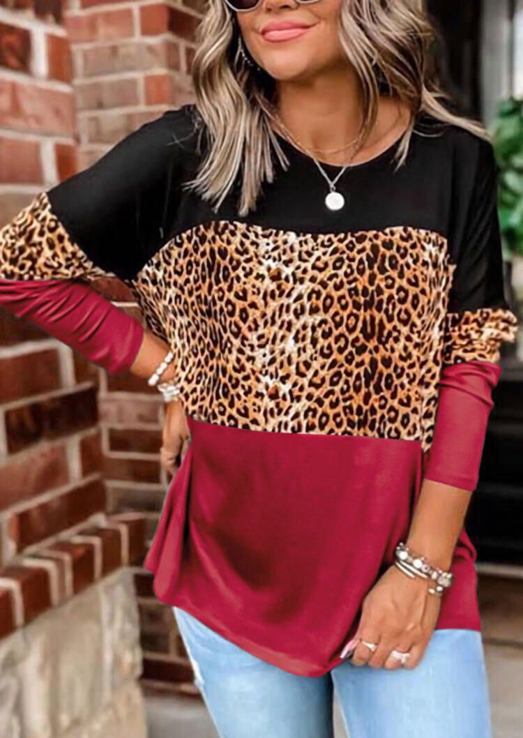 

Leopard Splicing Color Block Long Sleeve Blouse, Multicolor, 489409