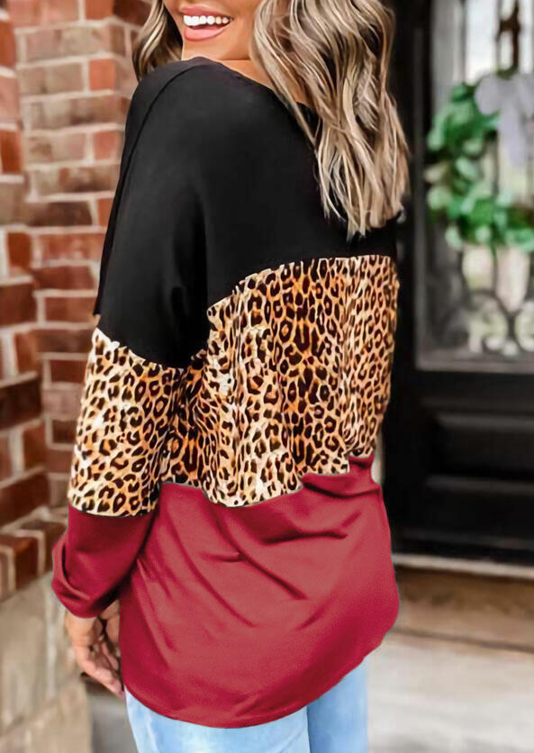 Leopard Splicing Color Block Long Sleeve Blouse