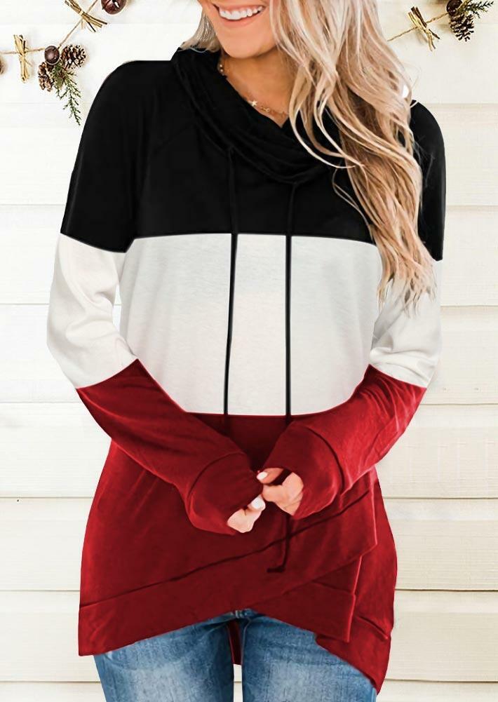 

Color Block Drawstring Cowl Neck Asymmetric Sweatshirt, Multicolor, 489309