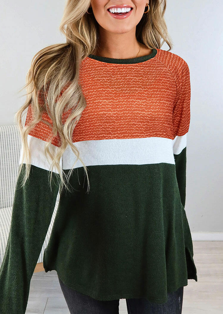 

Color Block Slit O-Neck Long Sleeve Blouse, Multicolor, 489384