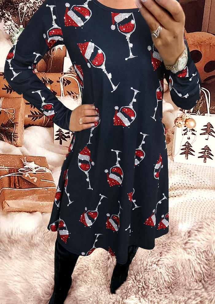 

Christmas Hat Wine Glass O-Neck Mini Dress - Navy Blue, 489387