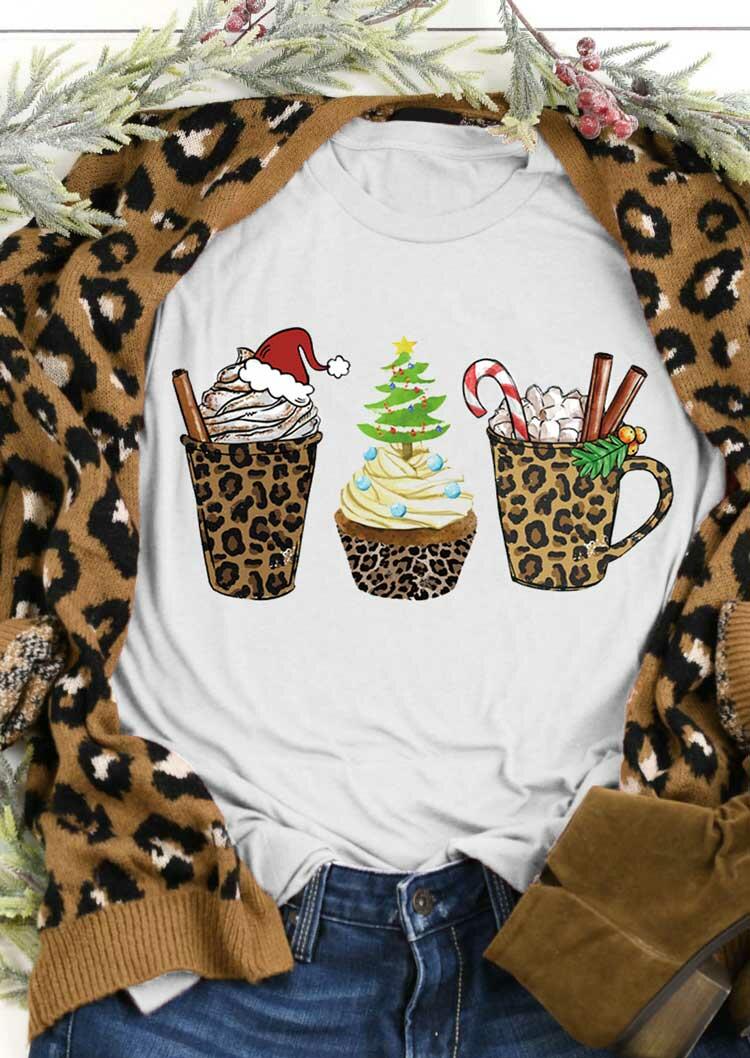 

Christmas Tree Hat Leopard Hot Cocoa T-Shirt Tee - White, 489396
