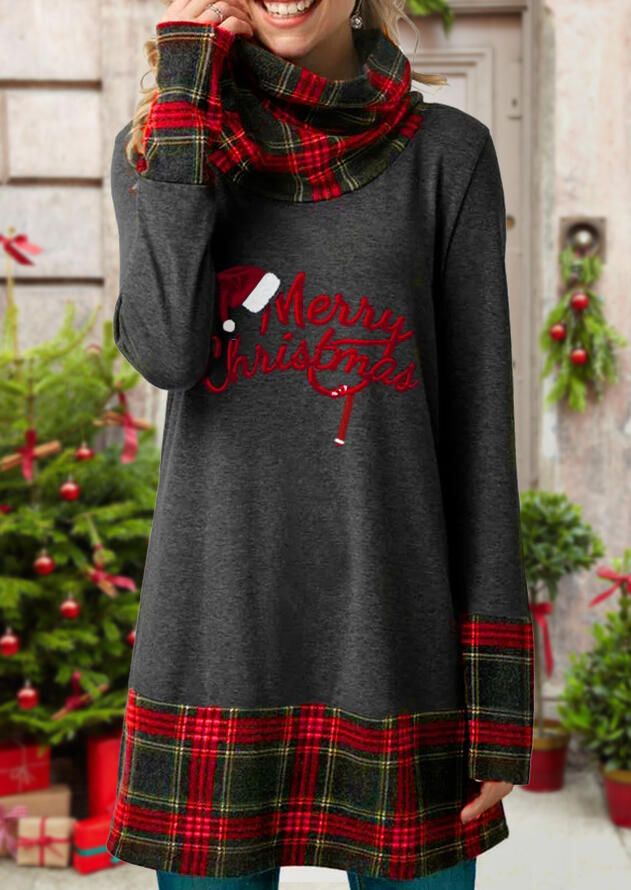 

Merry Christmas Plaid Splicing Cowl Neck Blouse - Gray, 489425