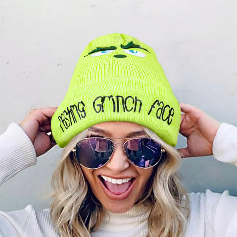 

Christmas Resting Grinch Face Knitted Hat, Fluorescent green, 489438