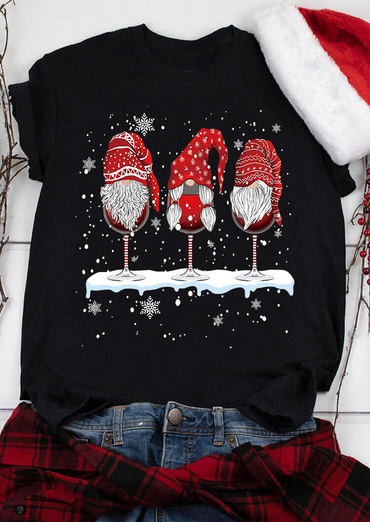 

Christmas Gnomies Snowflake Wine Glass T-Shirt Tee - Black, 489450