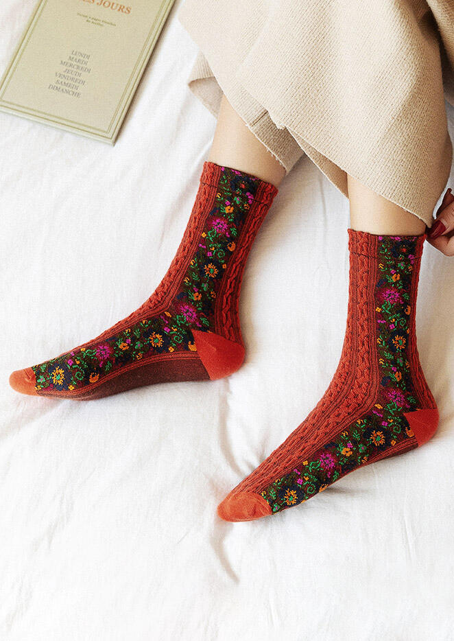 

Floral Crochet Knitted Warm Socks, Black;beige, 489452