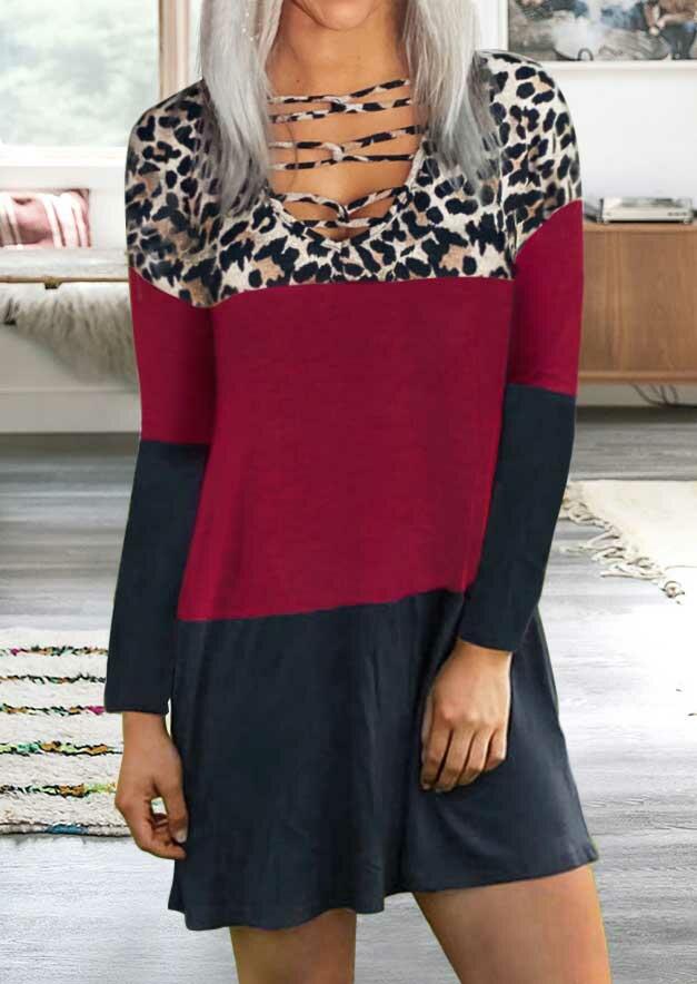 

Leopard Color Block Criss-Cross Casual Mini Dress, Multicolor, 489473