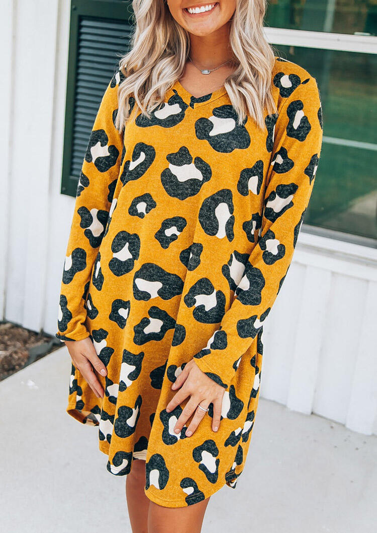 

Leopard V-Neck Long Sleeve Mini Dress, 489478