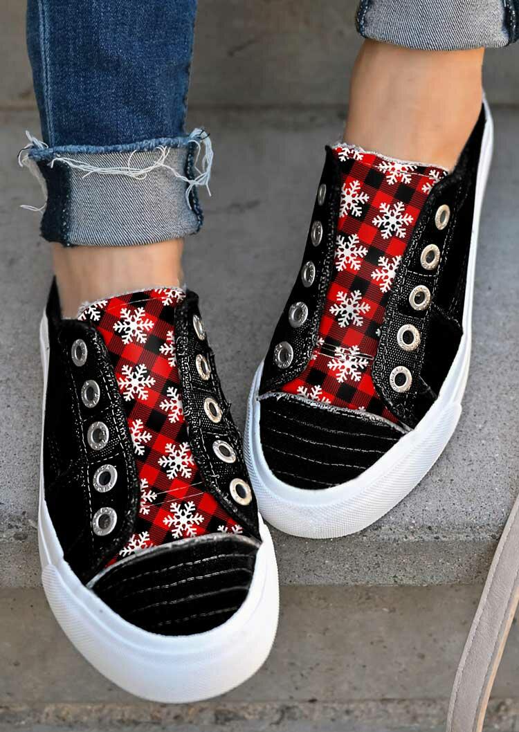 

Christmas Buffalo Plaid Snowflake Slip On Canvas Sneakers - Black, 489491