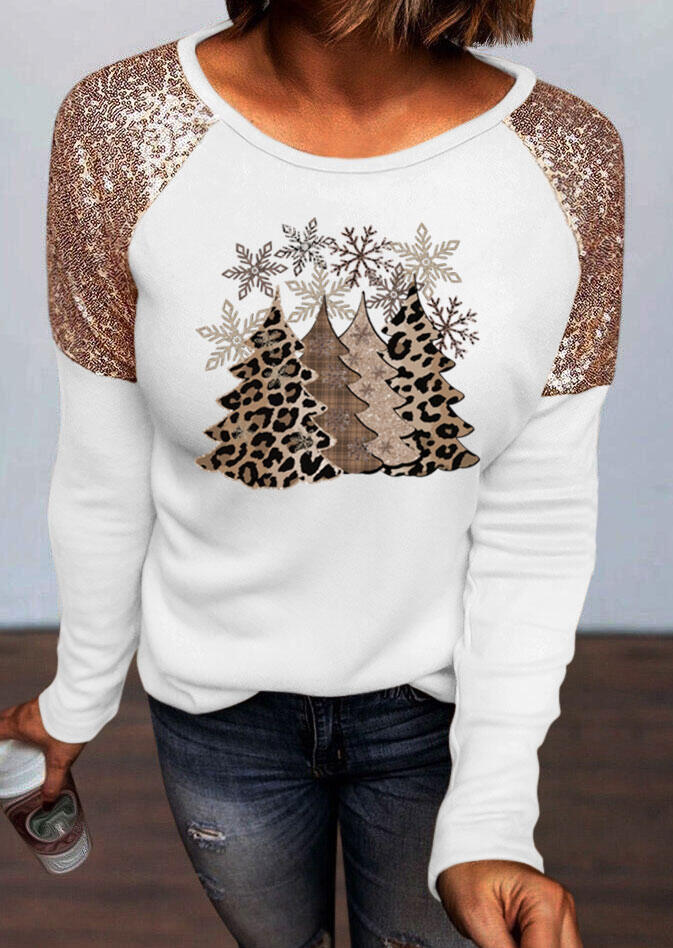 Christmas Tree Leopard Snowflake Glitter T-Shirt Tee - White