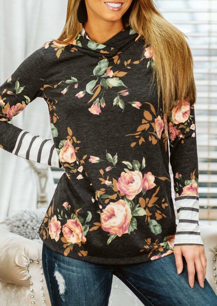 

Floral Striped Splicing Long Sleeve Pullover Hoodie - Dark Grey, 489576
