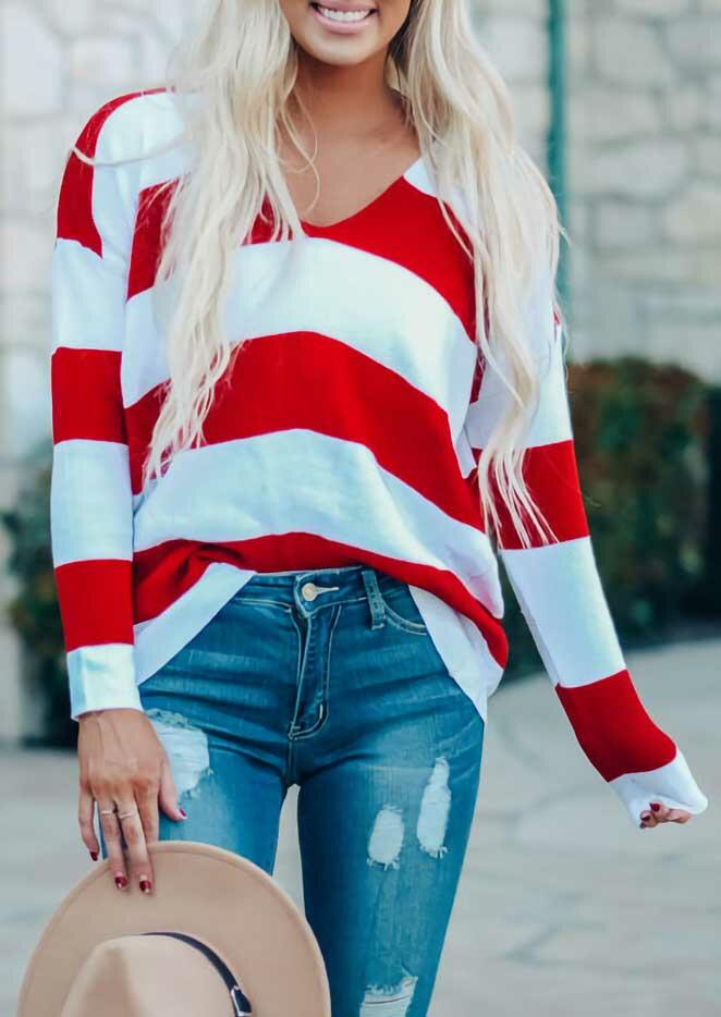 

Striped V-Neck Long Sleeve Loose Blouse, Stripe, 489577