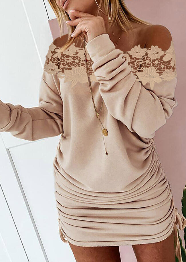 

Lace Splicing Ruched Drawstring Off Shoulder Bodycon Dress - Khaki, 488804