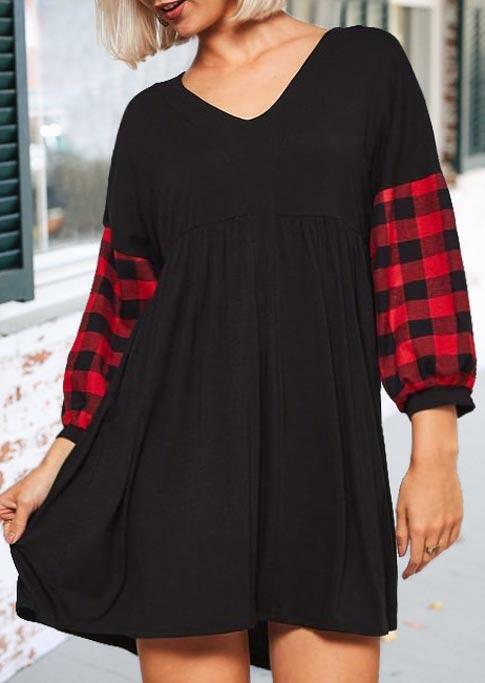

Buffalo Plaid Splicing Sleeve Ruffled Mini Dress - Black, 489087