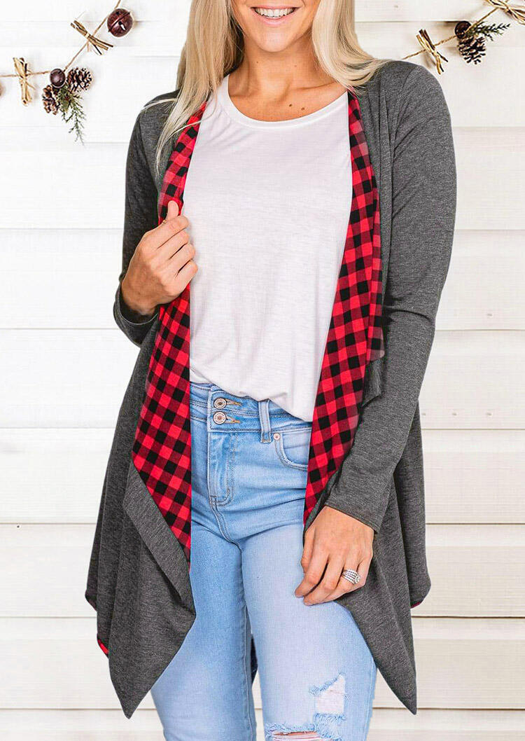 

Plaid Splicing Asymmetric Open Front Cardigan - Gray, 489537