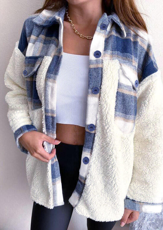 

Plaid Pocket Fleece Splicing Shirt Coat - White, 489538