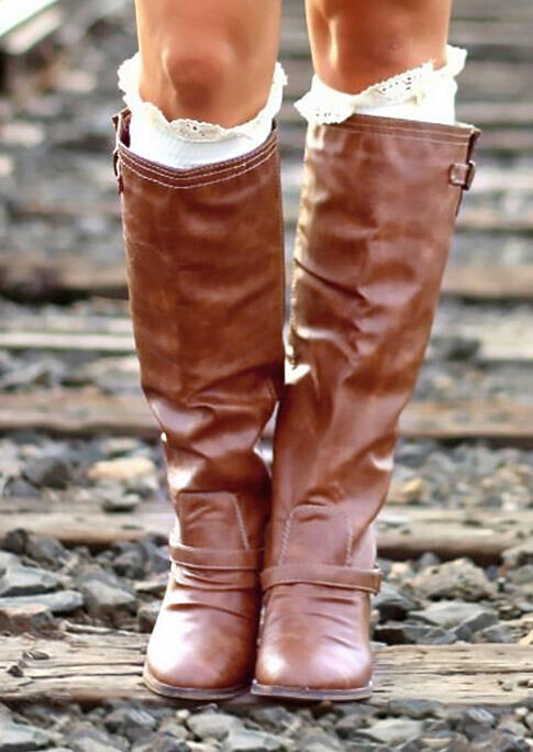 

Buckle Strap Zipper Square Heel Mid-Calf Boots - Brown, 489578