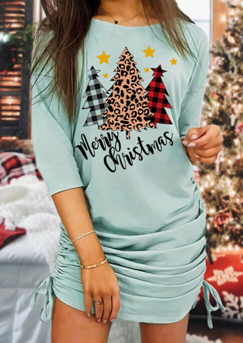

Merry Christmas Tree Leopard Plaid Ruched Drawstring Mini Dress - Light Green, 489579