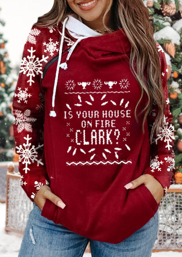 

Snowflake Zipper Drawstring Pocket Letter Sweatshirt - Red, 489581