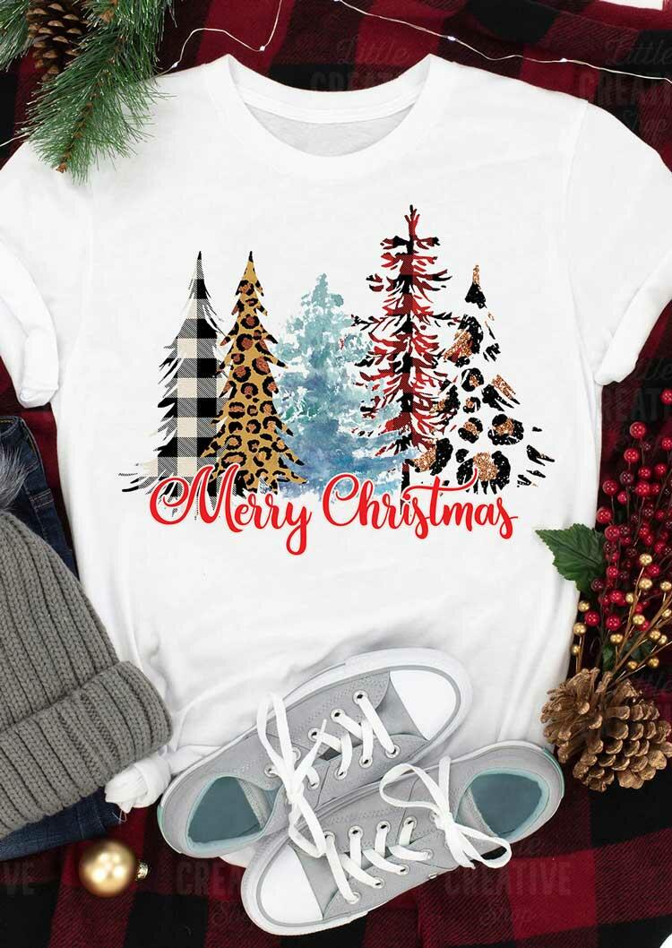 

Merry Christmas Tree Plaid Leopard T-Shirt Tee - White, 489607