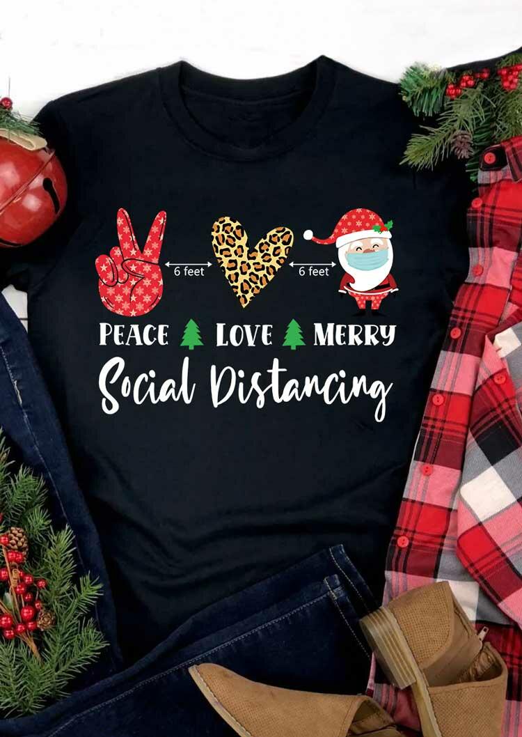 

Christmas Leopard Santa Peace Love Merry T-Shirt Tee - Black, 489609