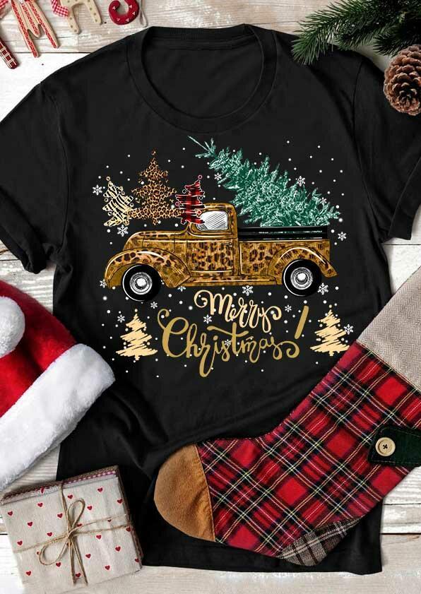 

Merry Christmas Leopard Truck O-Neck T-Shirt Tee - Black, 489611